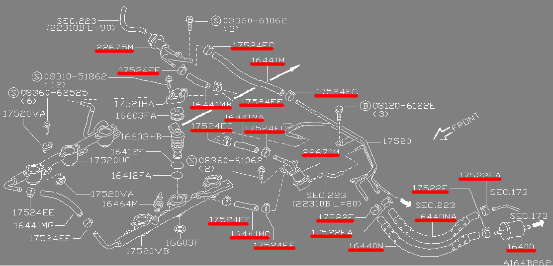 Z32エンジンルーム内の燃料系統交換部品詳細
